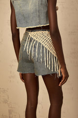 Zoey Denim Shorts Blue Boho Fringed Crochet Belt High Rise & Frayed Edge
