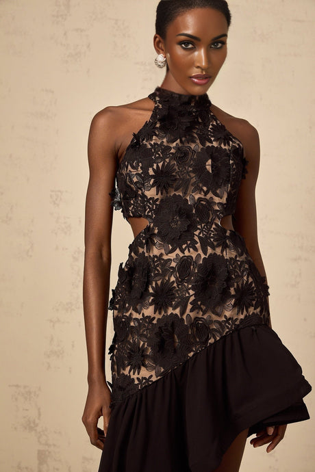 Zoey Floral Midi Dress Black Halterneck with Asymmetric Ruffle Hem & Crystal Details