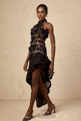 Zoey Floral Midi Dress Black Halterneck with Asymmetric Ruffle Hem & Crystal Details