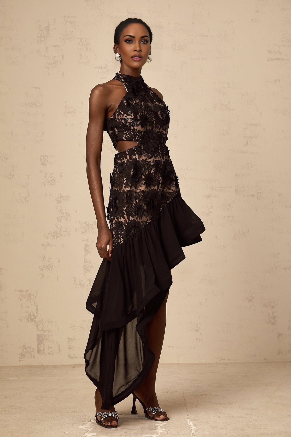Zoey Floral Midi Dress Black Halterneck with Asymmetric Ruffle Hem & Crystal Details
