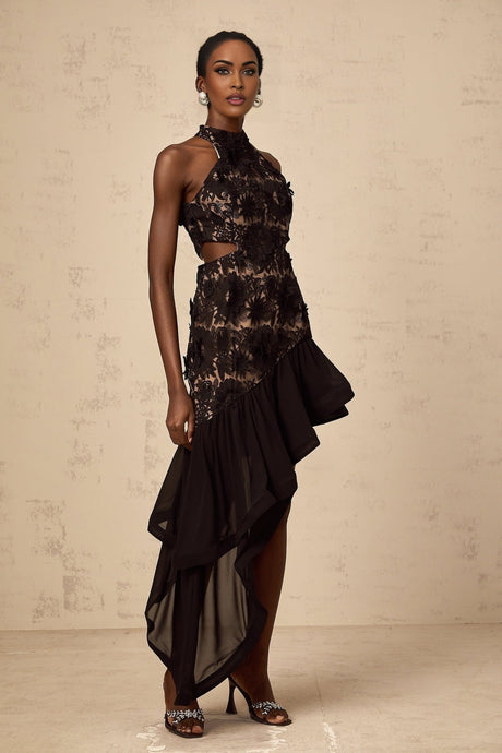 Zoey Floral Midi Dress Black Halterneck with Asymmetric Ruffle Hem & Crystal Details