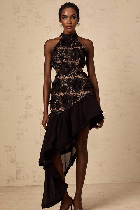 Zoey Floral Midi Dress Black Halterneck with Asymmetric Ruffle Hem & Crystal Details