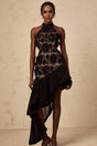Zoey Floral Midi Dress Black Halterneck with Asymmetric Ruffle Hem & Crystal Details