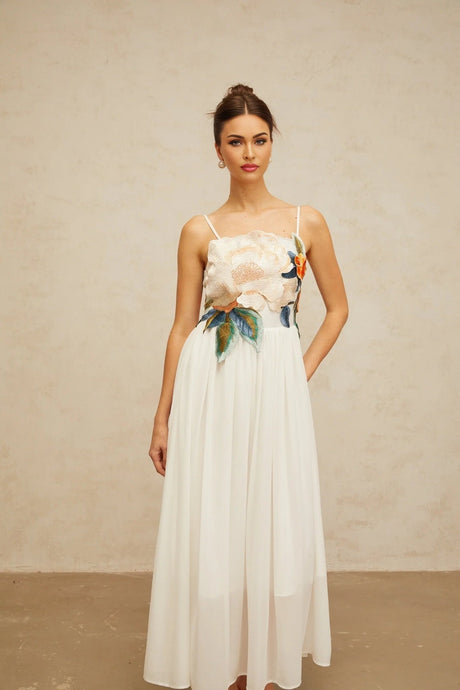 Zoey Maxi Dress Floral Embroidered White & Multicolor