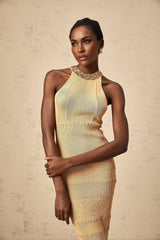 Zoey Midi Dress Gold Sequin Halterneck Ribbed Calf Length