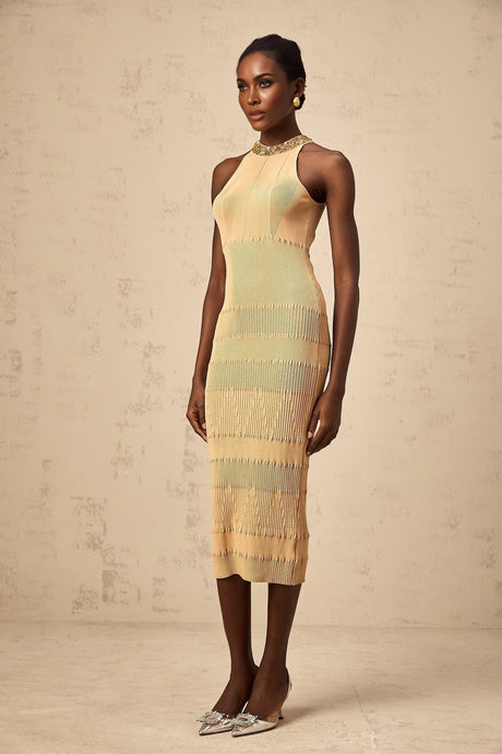 Zoey Midi Dress Gold Sequin Halterneck Ribbed Calf Length