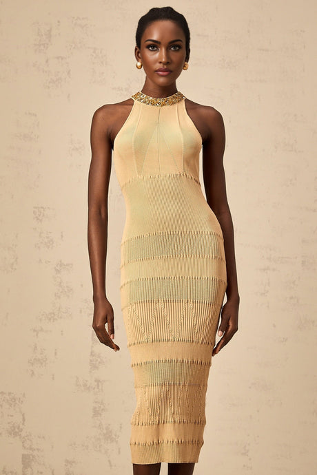 Zoey Midi Dress Gold Sequin Halterneck Ribbed Calf Length