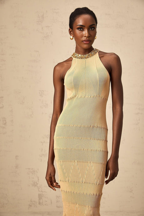 Zoey Midi Dress Gold Sequin Halterneck Ribbed Calf Length