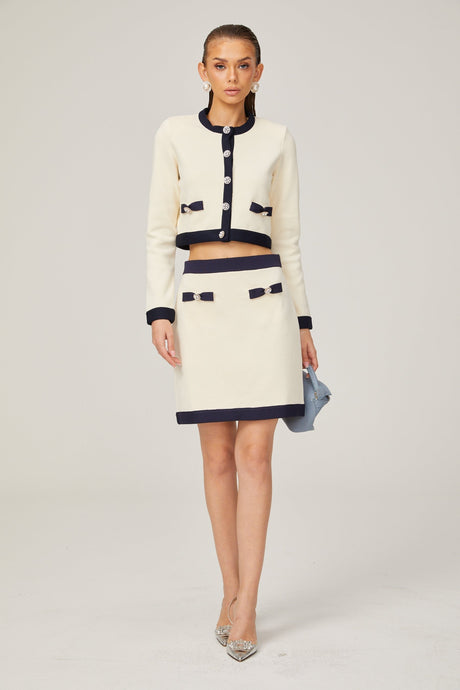 Zuri Cardigan & Skirt White Black Bow Knit Set