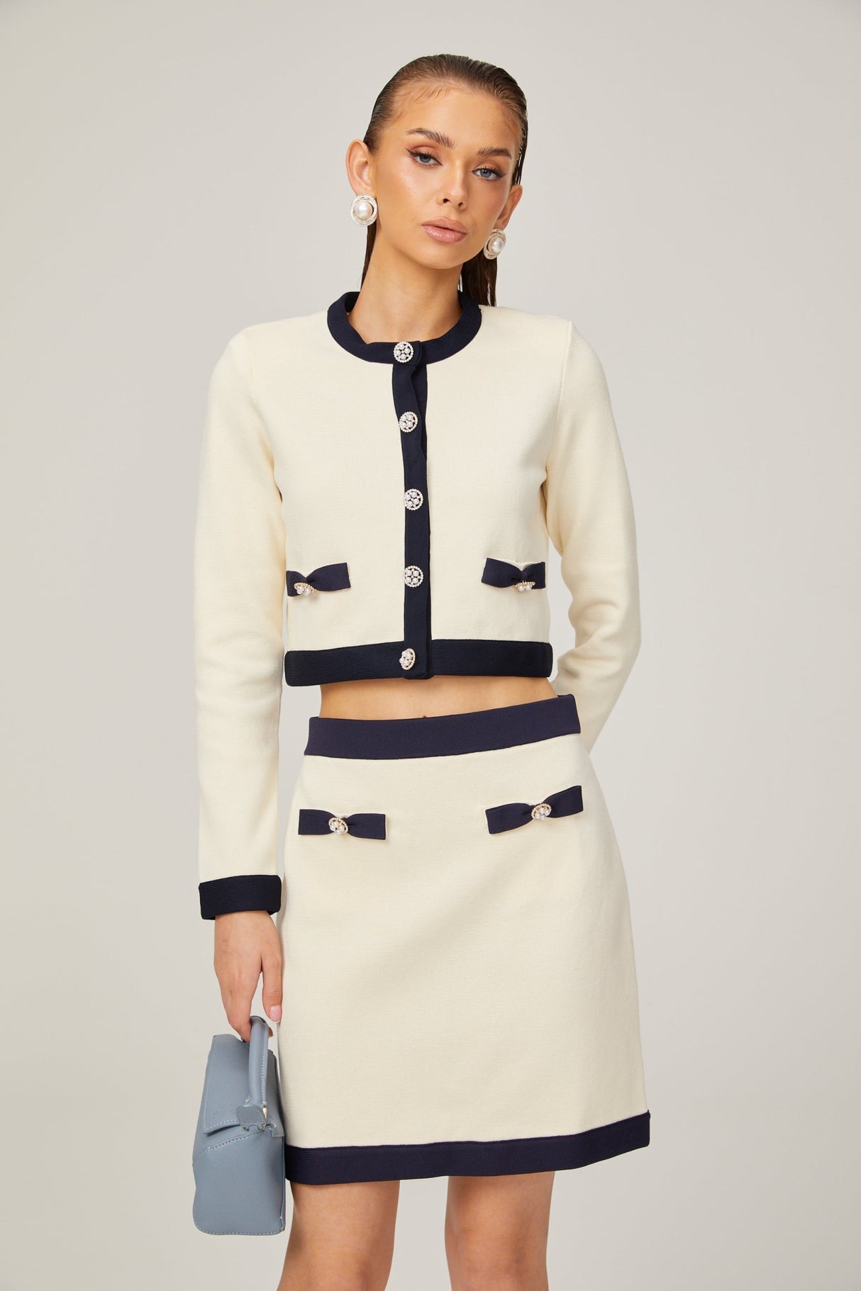 Zuri Cardigan & Skirt White Black Bow Knit Set