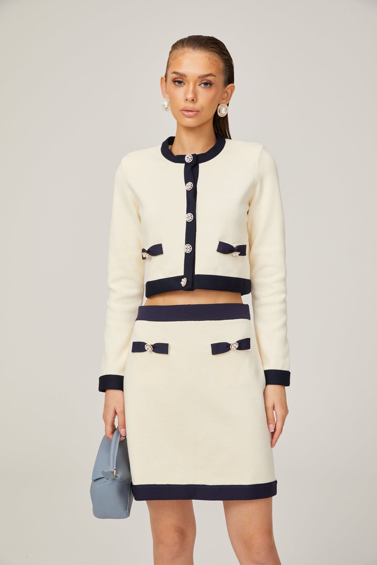 Zuri Cardigan & Skirt White Black Bow Knit Set