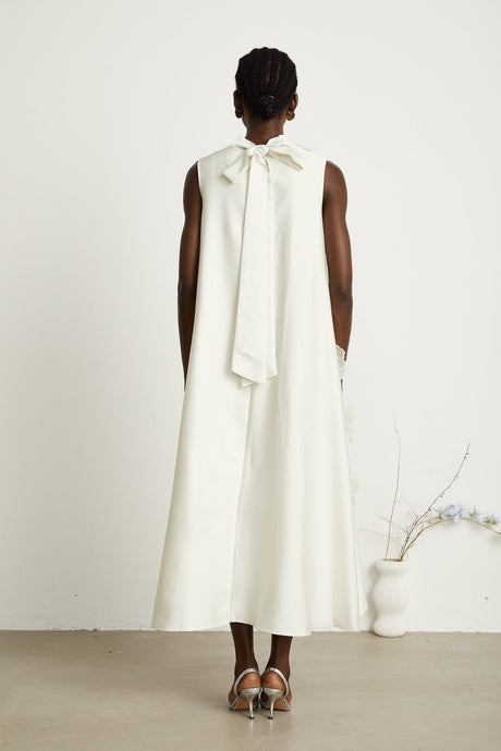 Zuri Floral Midi Dress Sleeveless Aline design with Beaded Appliqu in White
