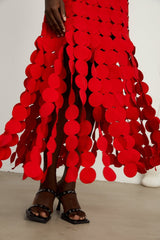 Zuri Maxi Dress in Vibrant Red with Fringed & Disc Overlay Design
